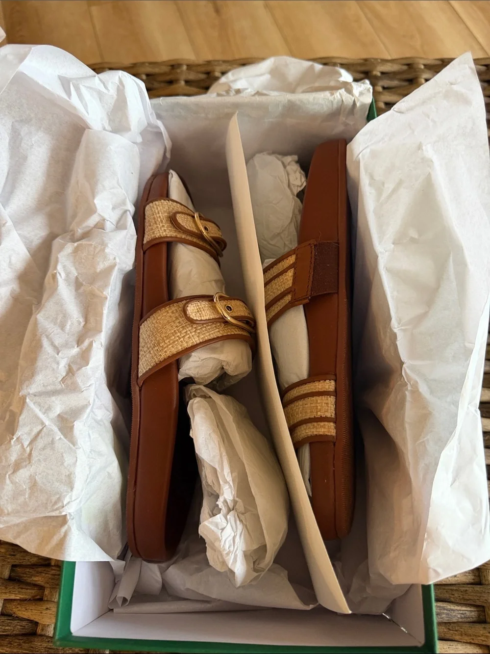 J. Crew Tan Slide Sandals with Cream Straps and Gold Buckles
